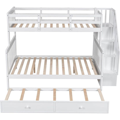 Twin-Over-Full Bunk Bed with Twin size Trundle, Storage and Guard Rail for Bedroom, Dorm, for Adults, White