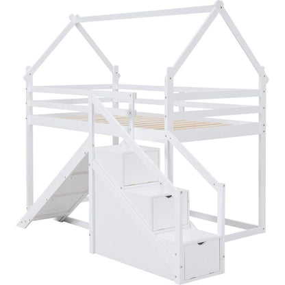 Twin over Twin House Loft or Bunk Bed with Slide and Staircase, White