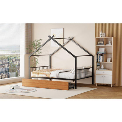 Full Size Metal House Bed with Two Drawers, Black