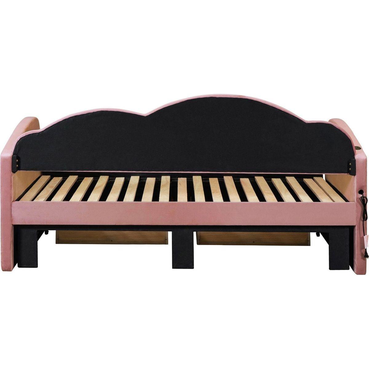 Twin Size Upholstered daybed with Cloud-Shaped Backrest, Trundle & 2 Drawers and USB Ports, Pink
