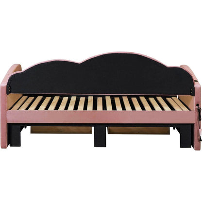 Twin Size Upholstered daybed with Cloud-Shaped Backrest, Trundle & 2 Drawers and USB Ports, Pink