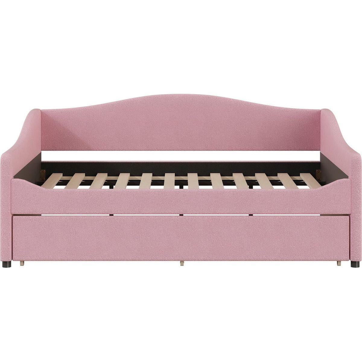 Teddy Fleece Full Size Upholstered Daybed with Light and Trundle, Pink