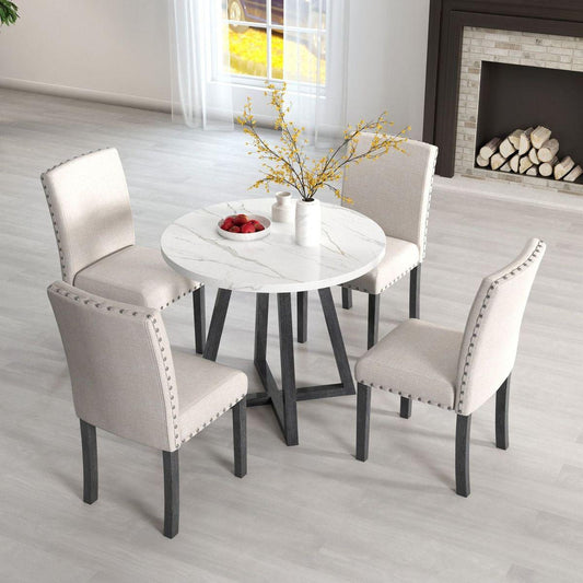 Five-piece dining room set with imitation marble table top, solid wood dining table and 4 chairs, space-saving kitchen and dining room combination furniture.