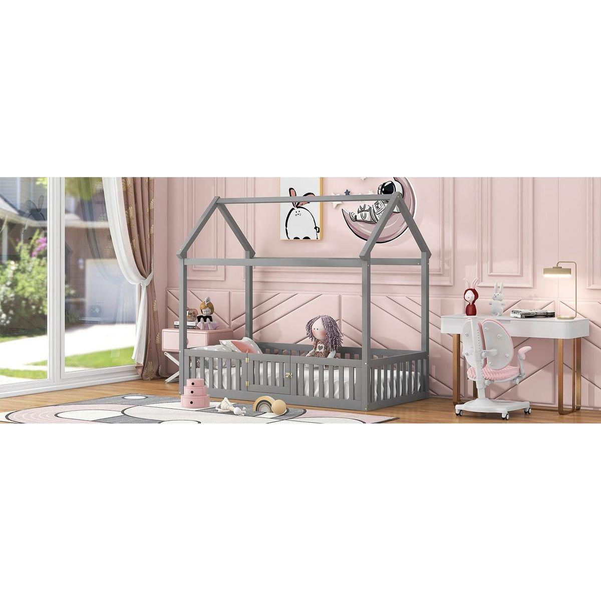 Twin Size Wood House Bed with Fence and Door, Gray