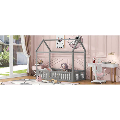 Twin Size Wood House Bed with Fence and Door, Gray