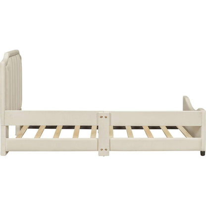 Twin Size Upholstered Daybed with Classic Stripe Shaped Headboard, Beige