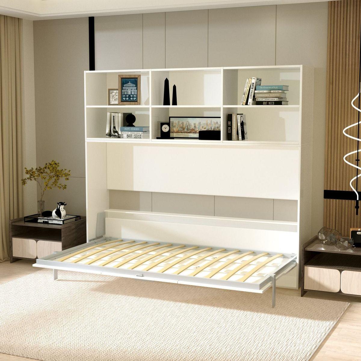 Mordern Design Twin Size Horizontal Murphy Bed with Shelf Storage for Bedroom or Guestroom White Wall Bed Space Saving Hidden Bed with New Style Gas Struts