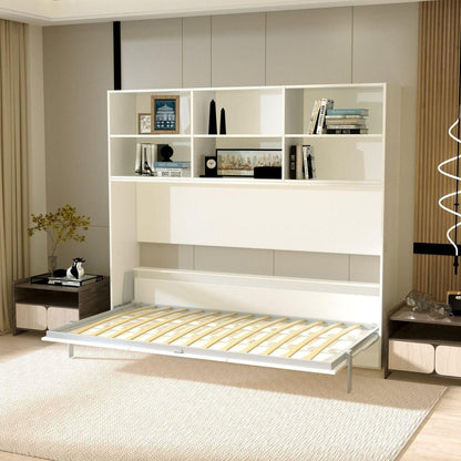 Mordern Design Twin Size Horizontal Murphy Bed with Shelf Storage for Bedroom or Guestroom White Wall Bed Space Saving Hidden Bed with New Style Gas Struts