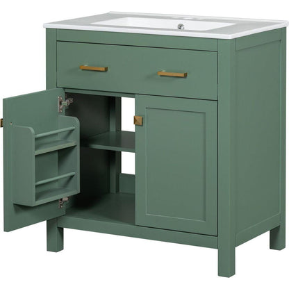 30-inch Bathroom Vanity with Ceramic Sink, Modern Green Single Bathroom Cabinet with 2 Doors and a Shelf, Soft Close Doors