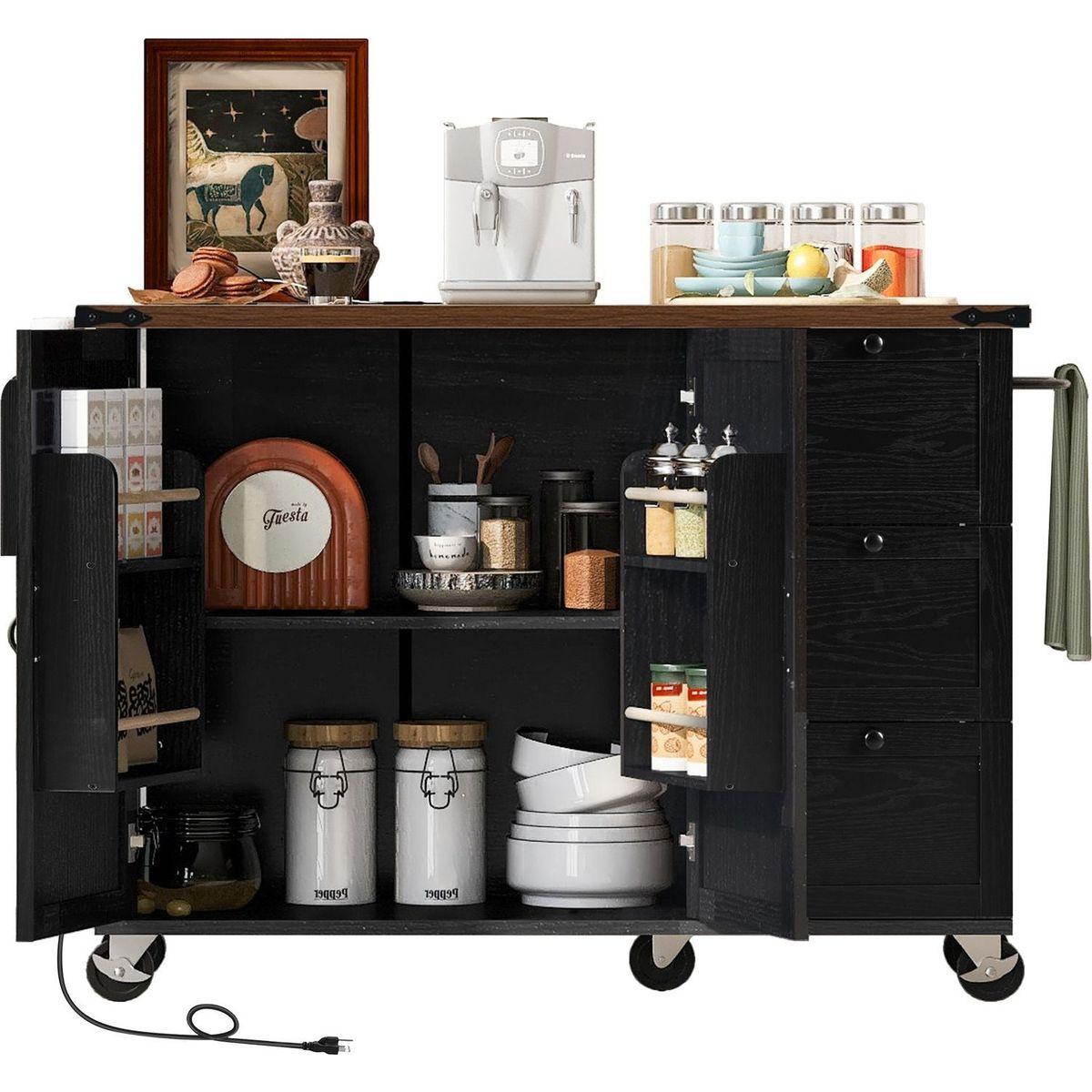 54.5" Farmhouse Kitchen Island with Power Outlet, Kitchen Storage Island with Internal Storage Rack, Drop Leaf, Spice Rack, Rolling Kitchen Cart on Wheels, for Home, Kitchen and Dining Room,Black