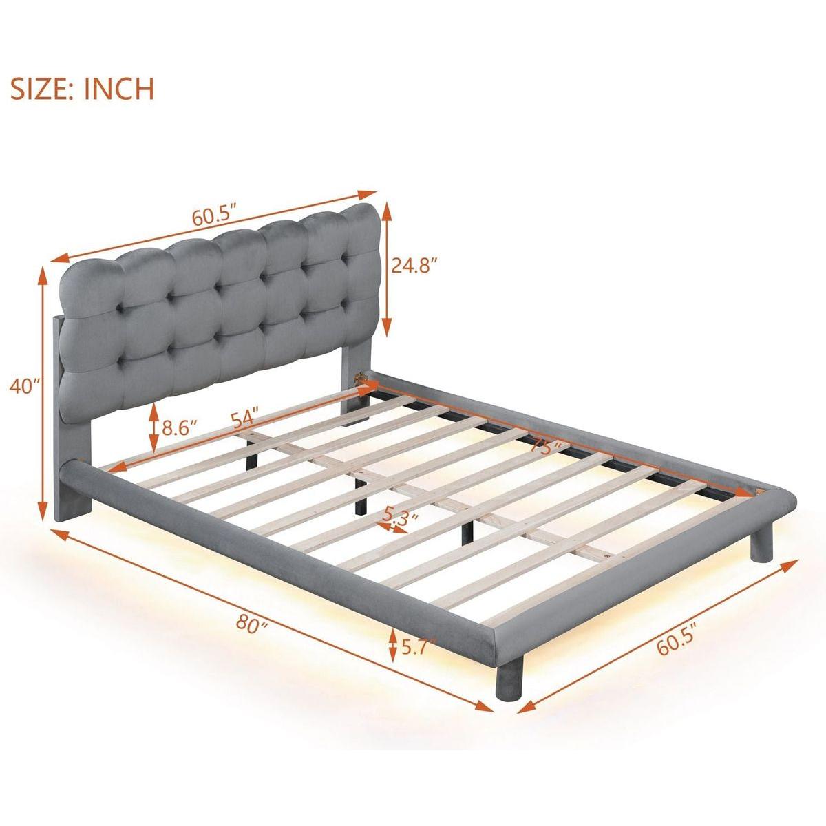Full Size Velvet Platform Bed with LED Frame, Thick & Soft Fabric and Button-tufted Design Headboard, Gray