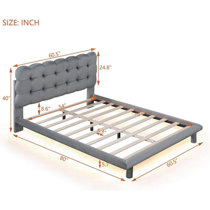 Full Size Velvet Platform Bed with LED Frame, Thick & Soft Fabric and Button-tufted Design Headboard, Gray