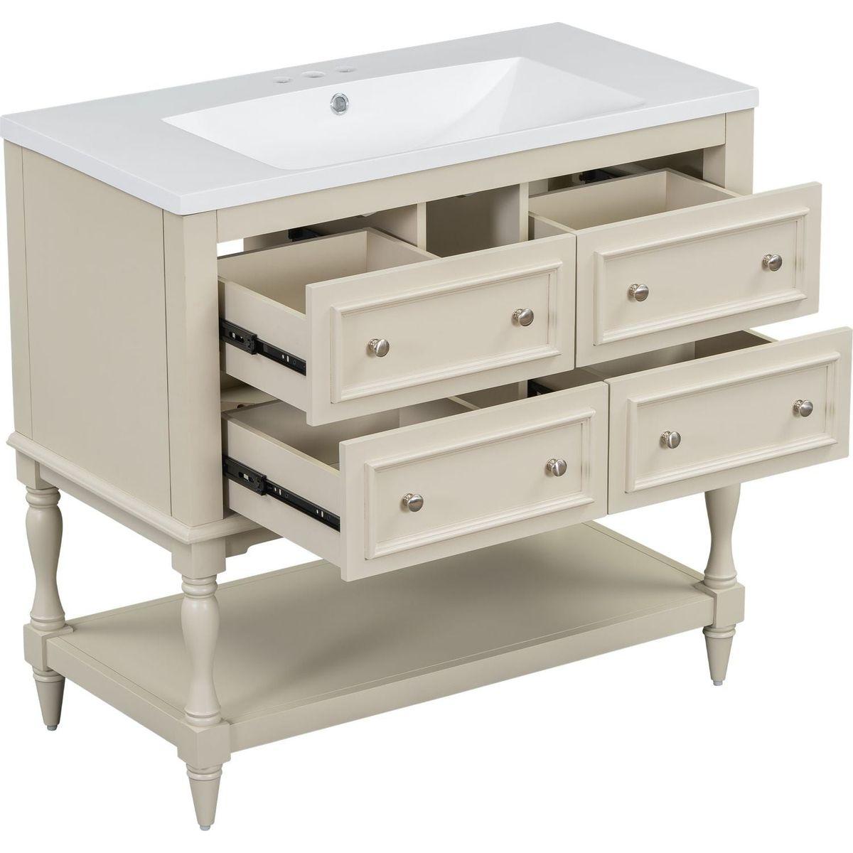 36" Bathroom Vanity Cabinet with Sink Combo Set, Undermount Resin Sink, Free Standing Vanity Set with 4 Drawers, Solid Wood Frame Bathroom Cabinet, Beige