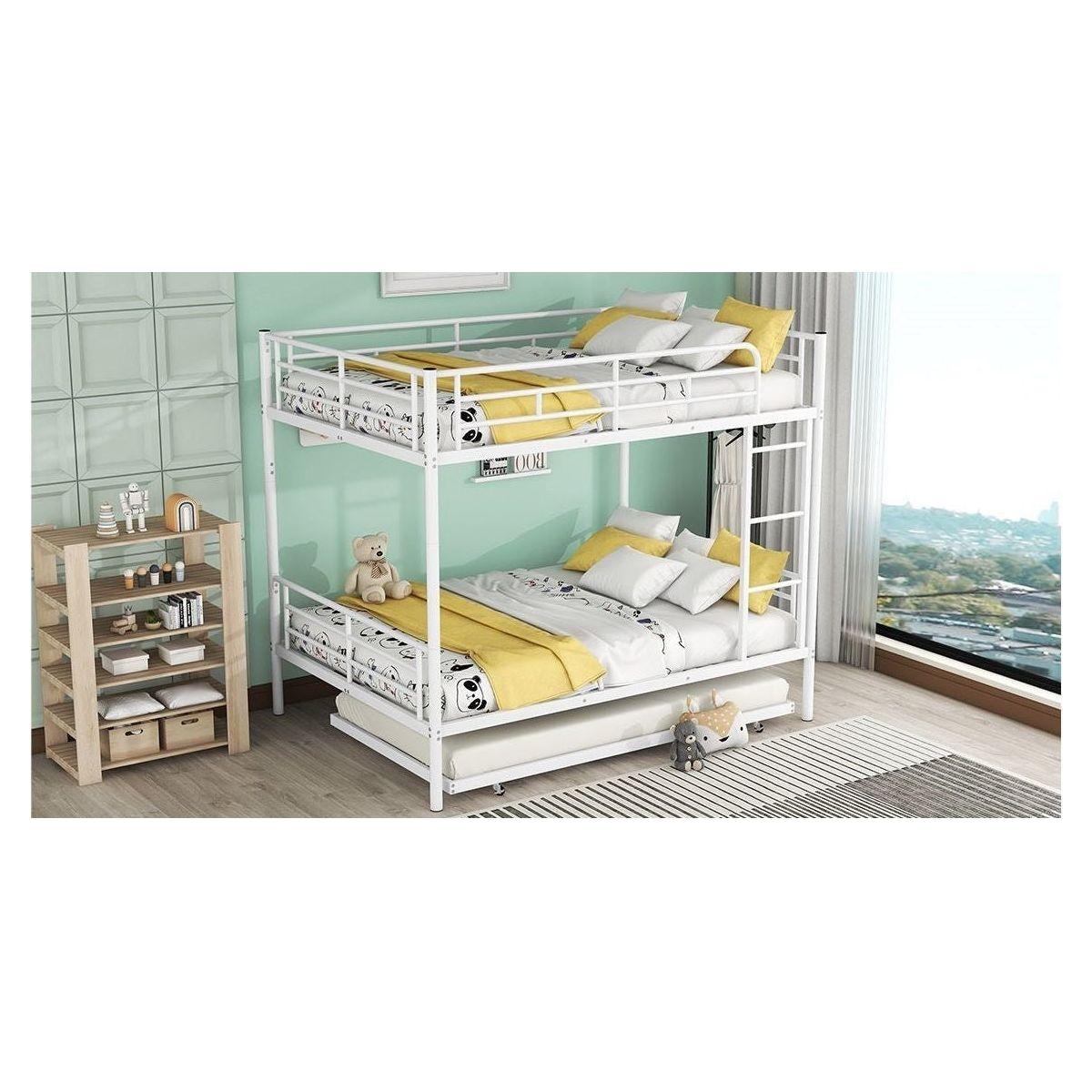 Full Over Full Metal Bunk Bed with Trundle, White