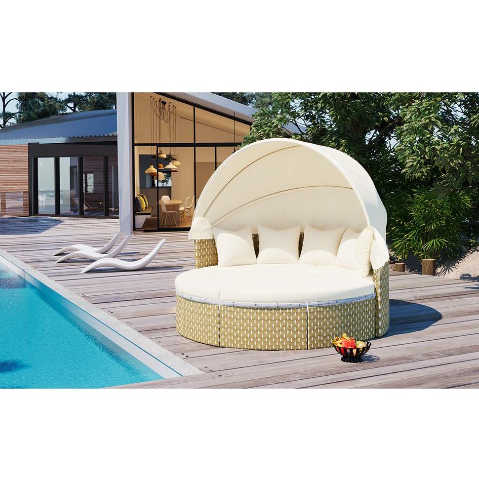Patio Furniture Round Outdoor Sectional Sofa Set Rattan Daybed Two-Tone Weave Sunbed with Retractable Canopy, Separate Seating and Removable Cushion, Beige