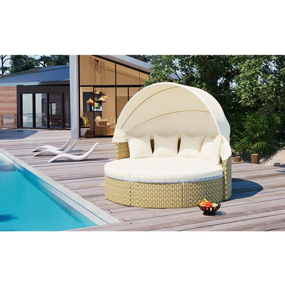 Patio Furniture Round Outdoor Sectional Sofa Set Rattan Daybed Two-Tone Weave Sunbed with Retractable Canopy, Separate Seating and Removable Cushion, Beige