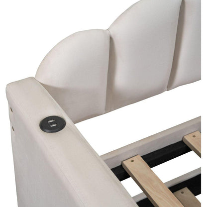 Twin size Upholstered Daybed with Trundle, Velvet Sofabed with USB Charging Ports,No Box-spring Needed,Beige