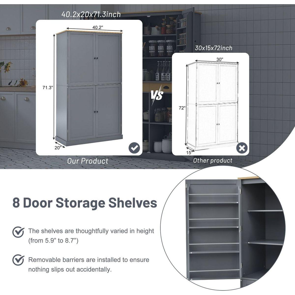 [Assembly Video Provided]40.2x20x71.3inch High Freestanding Kitchen Pantry Large Cupboard Storage Cabinet with 2 Drawers, 2 Adjustable Shelves, 8 Door Shelves for Kitchen, Dining Room,Gray