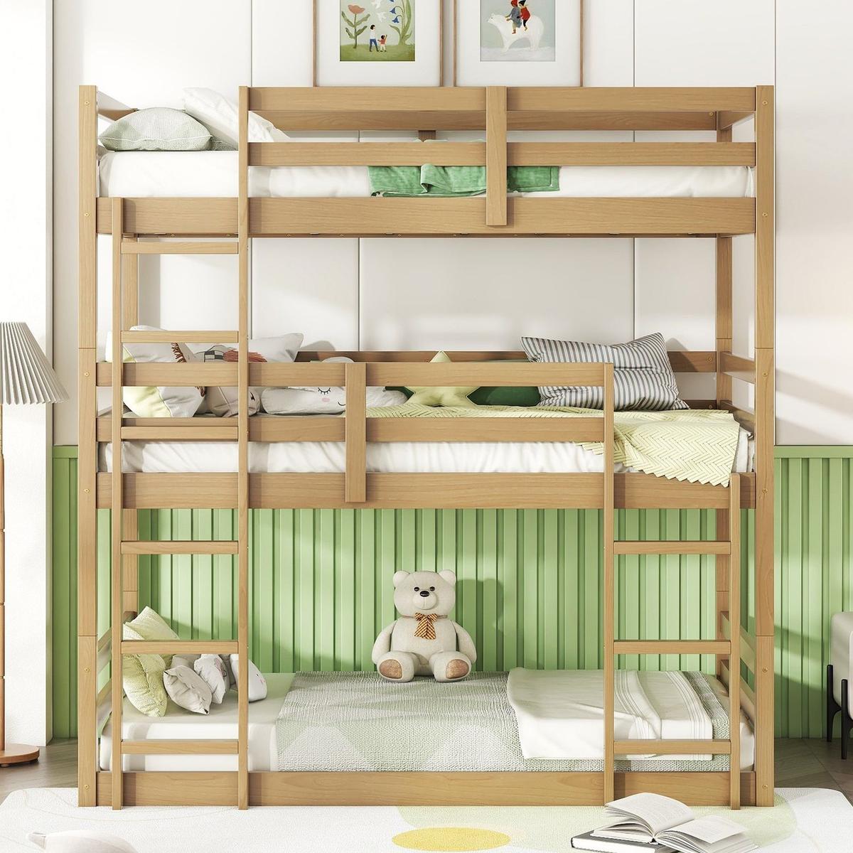 Triple Rubber Wood Bunk Bed with Two Built-in Ladders, Guardrails, Twin over Twin over Twin, Detachable Triple Twin Bunk Bed,White Oak