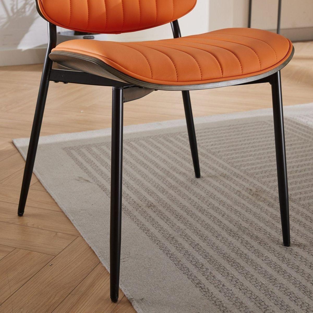 Dining Chairs Set of 2 Mid Century Modern Retro Faux Leather Chair with Walnut Bentwood Back Upholstered Seat Metal Legs Adjustable Foot for Kitchen Dining Room Chairs(Orange PU)