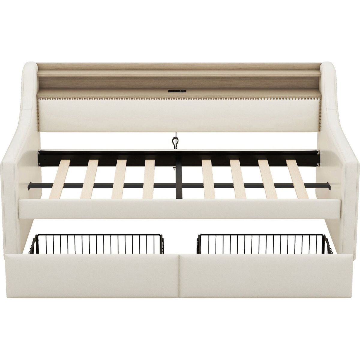 Twin Size Daybed with Storage Drawers, Upholstered Daybed with Charging Station and LED Lights, Beige