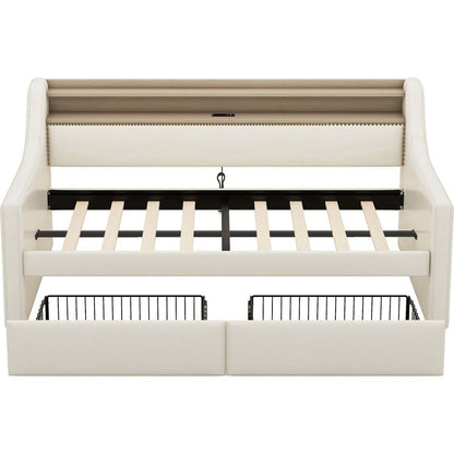 Twin Size Daybed with Storage Drawers, Upholstered Daybed with Charging Station and LED Lights, Beige
