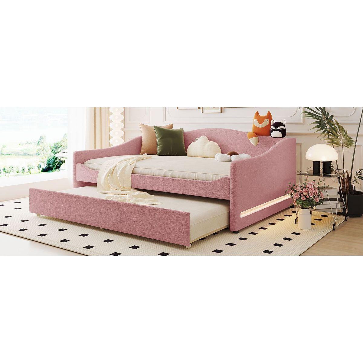 Teddy Fleece Full Size Upholstered Daybed with Light and Trundle, Pink