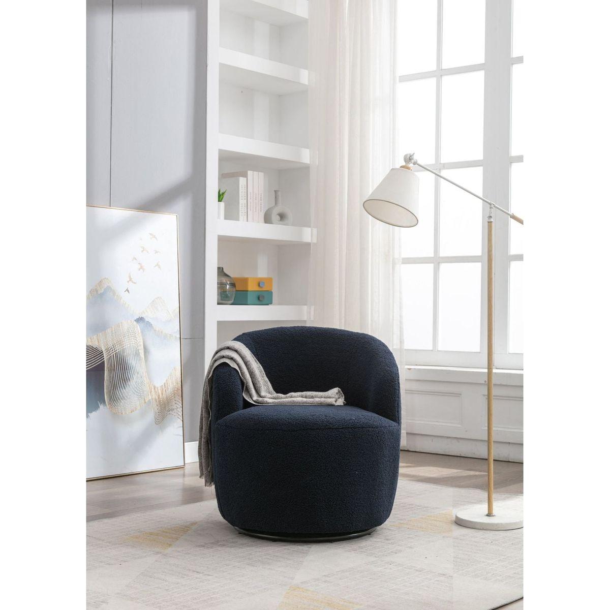 Teddy Fabric Swivel Accent Armchair Barrel Chair With Black Powder Coating Metal Ring,Dark Blue