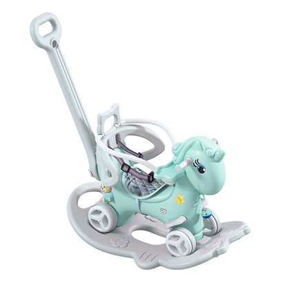 Rocking Horse for Toddlers, Balance Bike Ride On Toys with Push Handle, Backrest and Balance Board for Baby Girl and Boy, Unicorn Kids Blue color