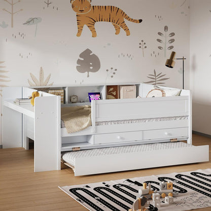 Multi-Functional Twin Daybed with Drawers and Trundle, Headboard Storage and Tables, USB Charging Station, White