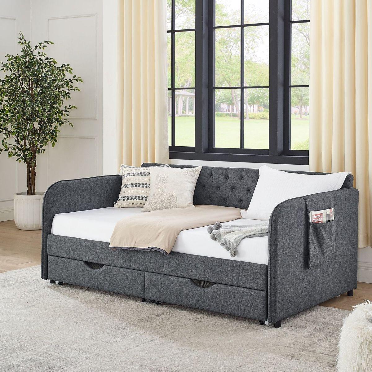 Twin Size Upholstery Daybed with Trundle Bed and Two Storage Drawers, Flat Arms with Pocket, Extendable Daybed for Bedroom Living Room,Linen Dark Gray