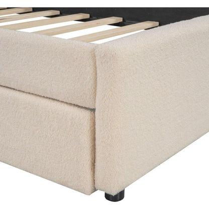 Teddy Fleece Twin Size Upholstered Platform Bed with Trundle, Beige