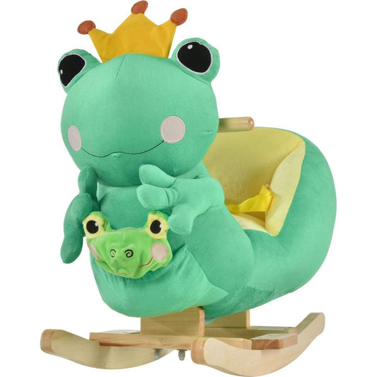 Qaba Kids Ride-On Rocking Horse Toy Frog Style Rocker with Fun Music, Seat Belt & Soft Plush Fabric Hand Puppet for Children 18-36 Months
