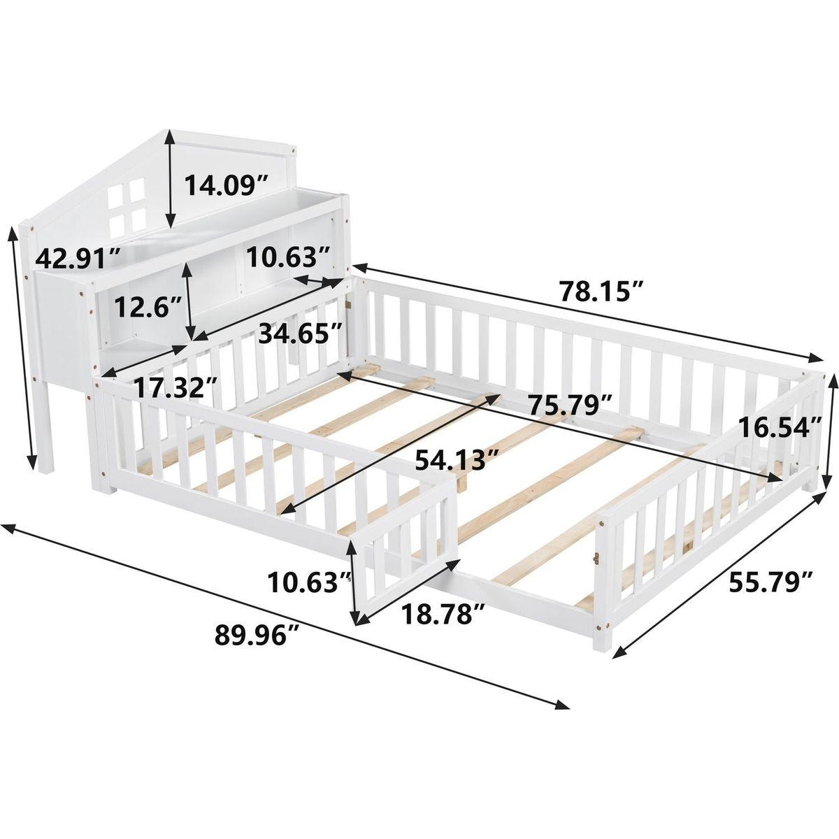 Full-size Floor Beds with Bookcases and Blackboards, Versatile Platform Beds with Guard rails, Solid Wood Floor Beds with Storage Headboards, Floor Beds for Kids and Teens White