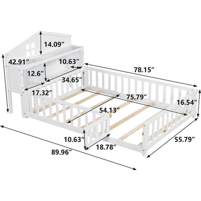 Full-size Floor Beds with Bookcases and Blackboards, Versatile Platform Beds with Guard rails, Solid Wood Floor Beds with Storage Headboards, Floor Beds for Kids and Teens White