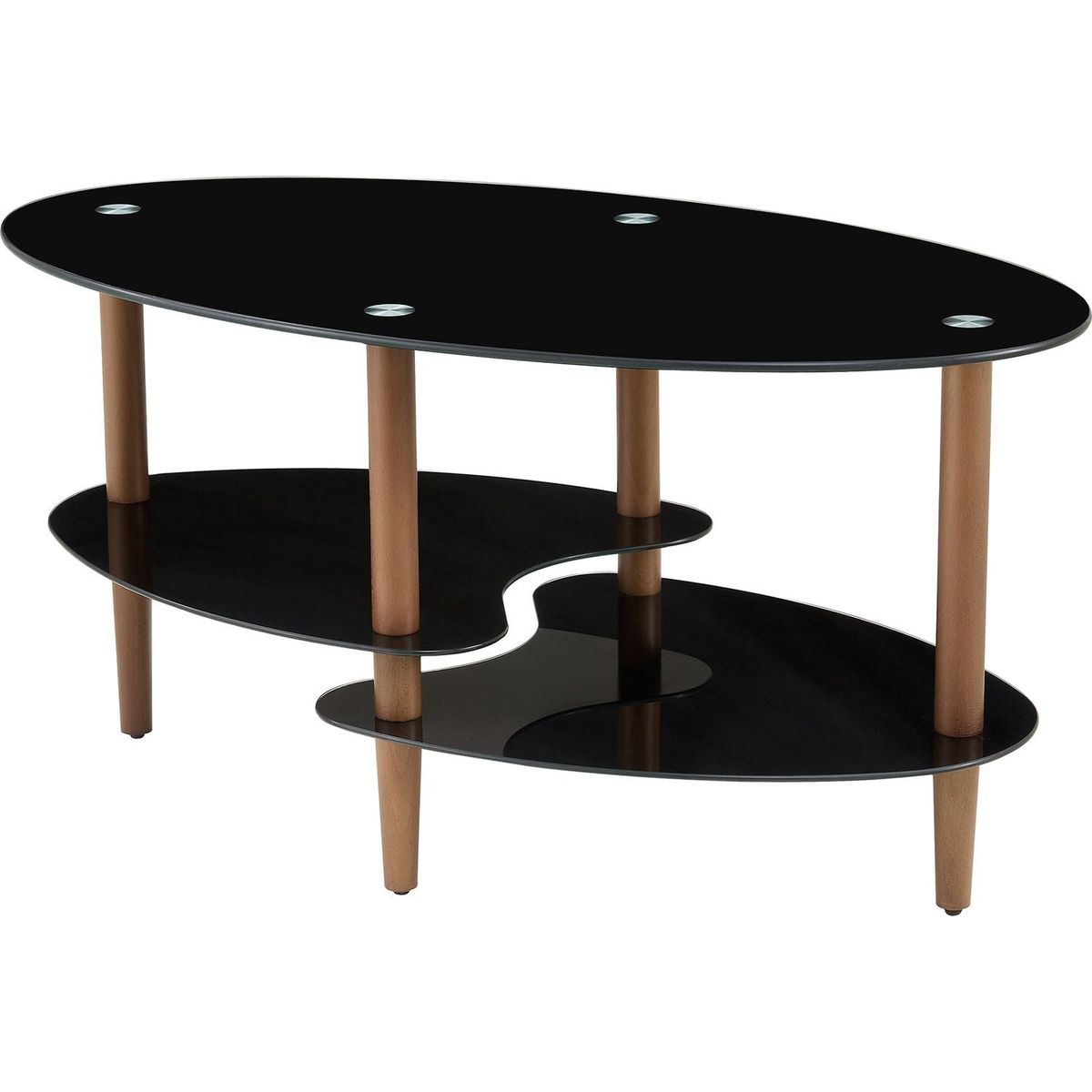 Black Oval glass coffee table, modern table in living room Oak wood leg tea table 3-layer tempered glass table