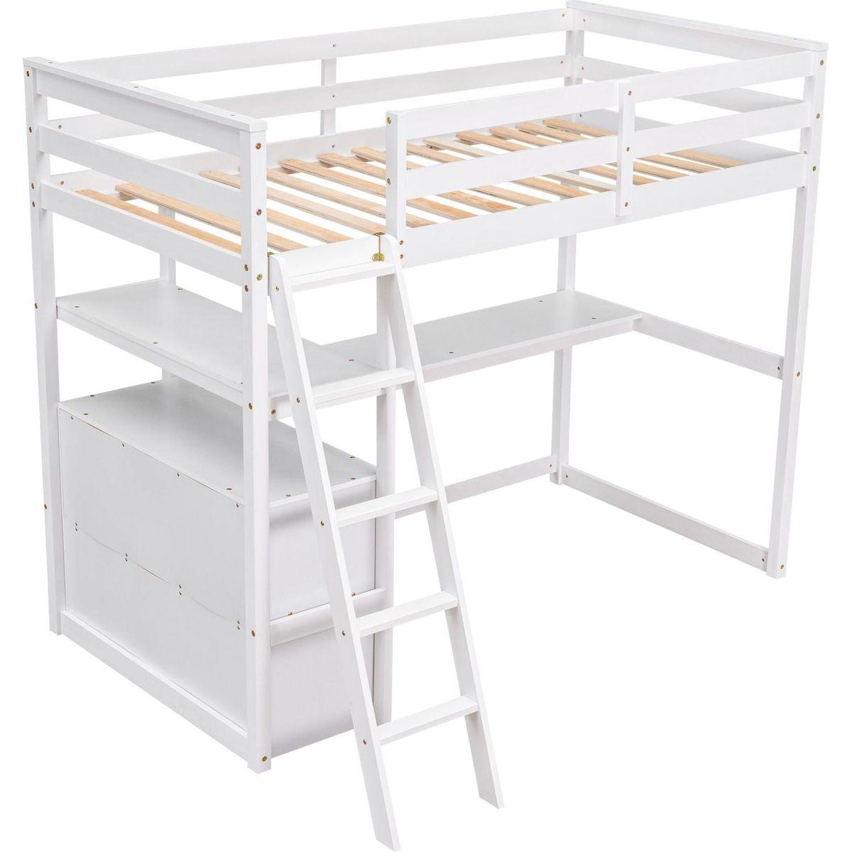 Twin Size Loft Bed with Desk and Shelves, Two Built-in Drawers, White