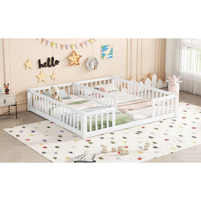 Double Twin Floor Bed with Fence, Guardrails, without door, White