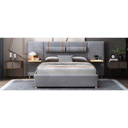 Queen Upholstered Platform Bed, Two Outlets and USB Charging Ports on Both Sides, Two Bedside Pillows, Storage Shelves, Velvet,Gray