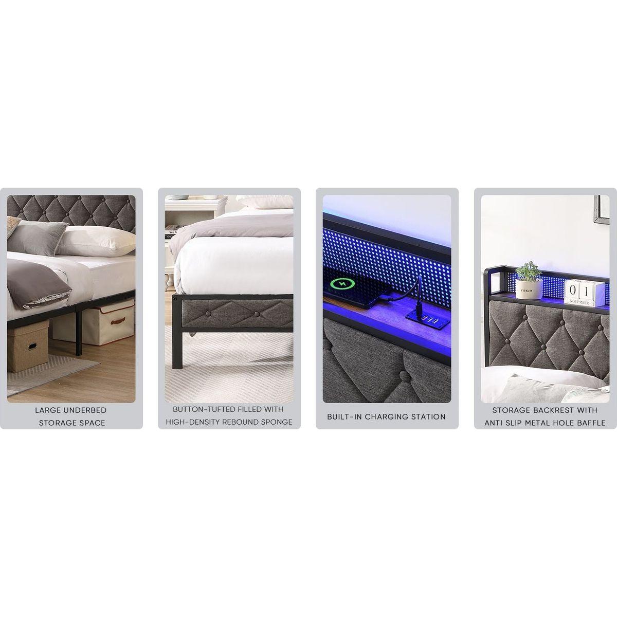 King Bed Frame with Storage Headboard, Charging Station and LED Lights, Upholstered Platform Bed with Heavy Metal Slats, No Box Spring Needed, Noise Free, Easy Assembly, Dark Gray