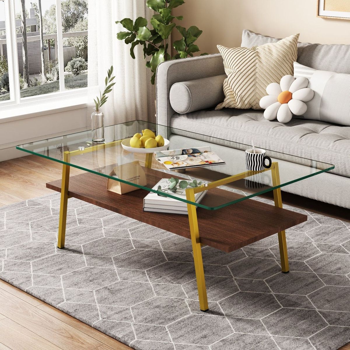 Rectangle Coffee Table, Tempered Glass Tabletop with Gold Metal Legs, Modern Table for Living Room, Transparent Glass