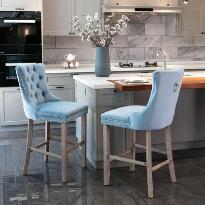Contemporary Velvet Upholstered Barstools with Button Tufted Decoration and Wooden Legs, and Chrome Nailhead Trim, Leisure Style Bar Chairs,Bar stools, Set of 2 (Light Blue)