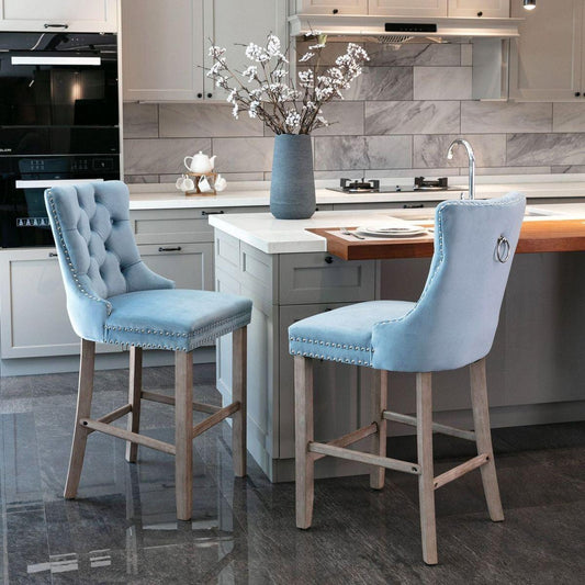 Contemporary Velvet Upholstered Barstools with Button Tufted Decoration and Wooden Legs, and Chrome Nailhead Trim, Leisure Style Bar Chairs,Bar stools, Set of 2 (Light Blue)