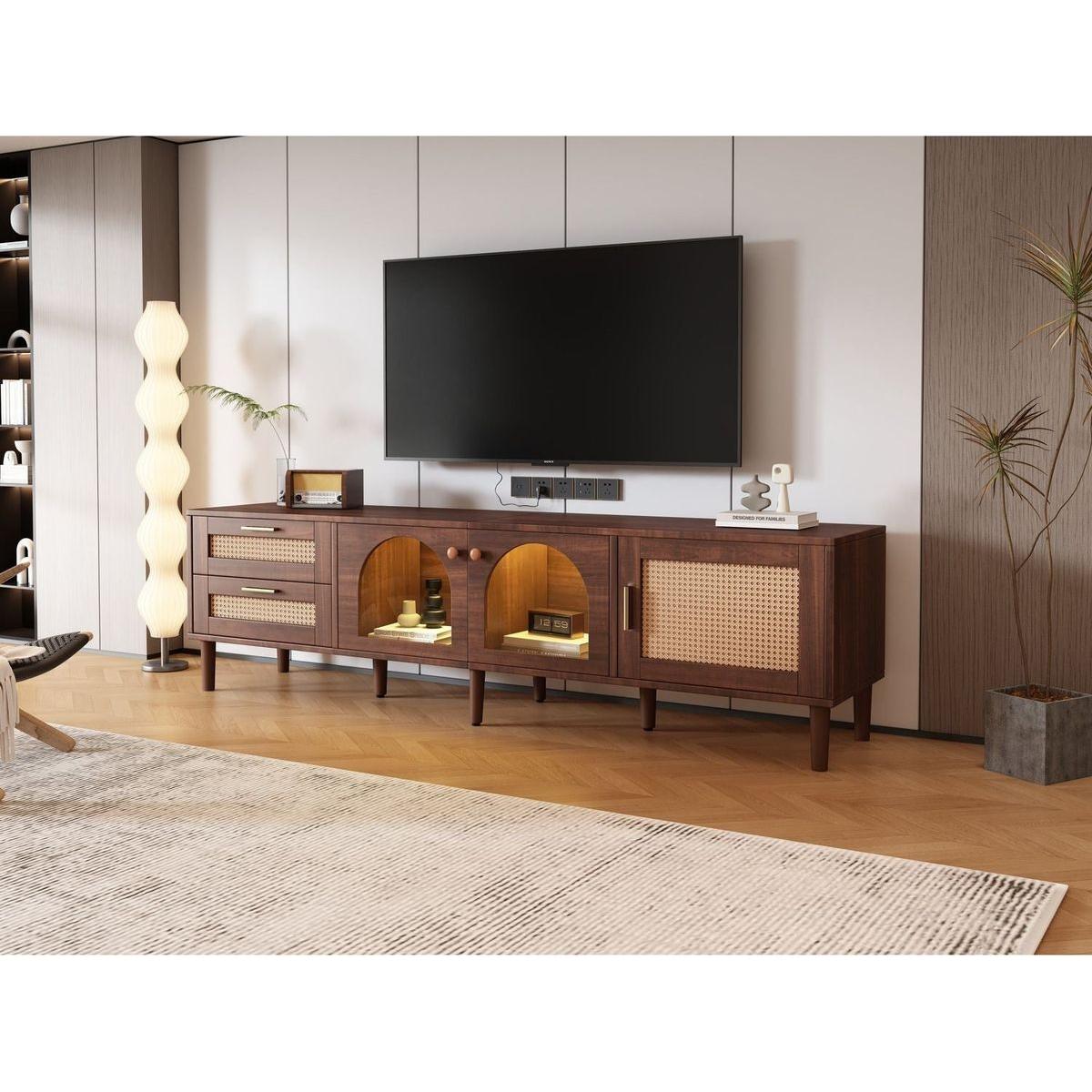 Rattan TV Stand with 3 Cabinets & 2 Drawers, Rattan-inspired Media Console Table for TVs up to 80", LED Light Entertainment Center, TV cabinet for Living room, Bedroom, Home Theatre - Streamdale Furniture