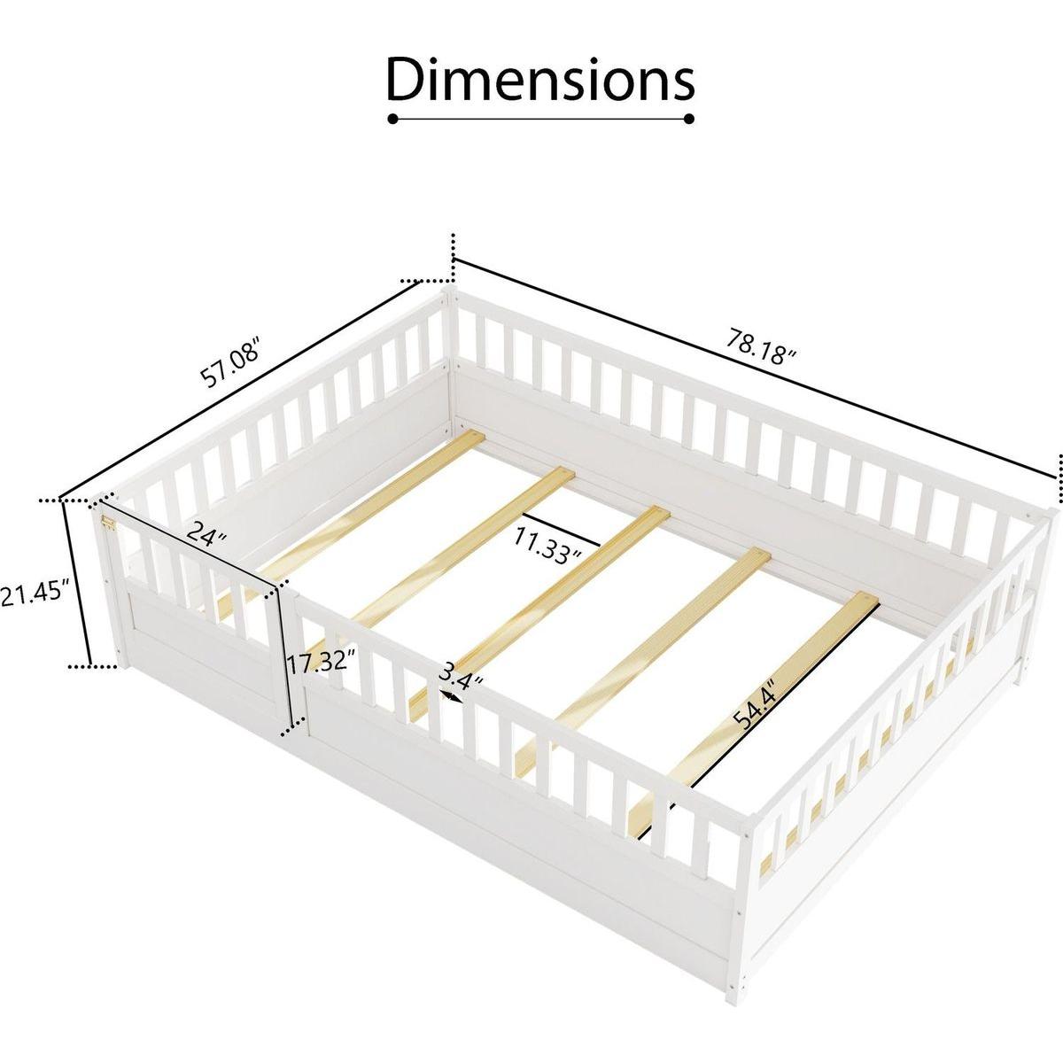 Full size Floor bed, integral construction with super high security barrier, door, children's floor bed frame, Montessori wooden children's floor bed, Support slat white - Streamdale Furniture