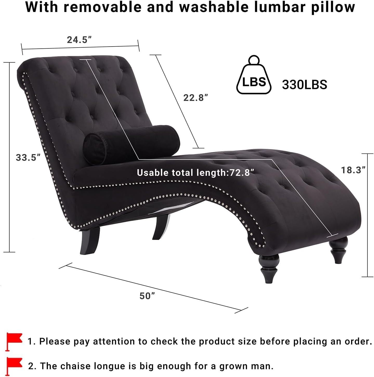 Button-Tufted Chaise Lounge Indoor with Solid Wood Leg+Support Pillow, Upholstered Chaise Lounge Chair for Bedroom Living Room Office, Armless Rolled Backrest Leisure Sofa Recliner-Black Velvet