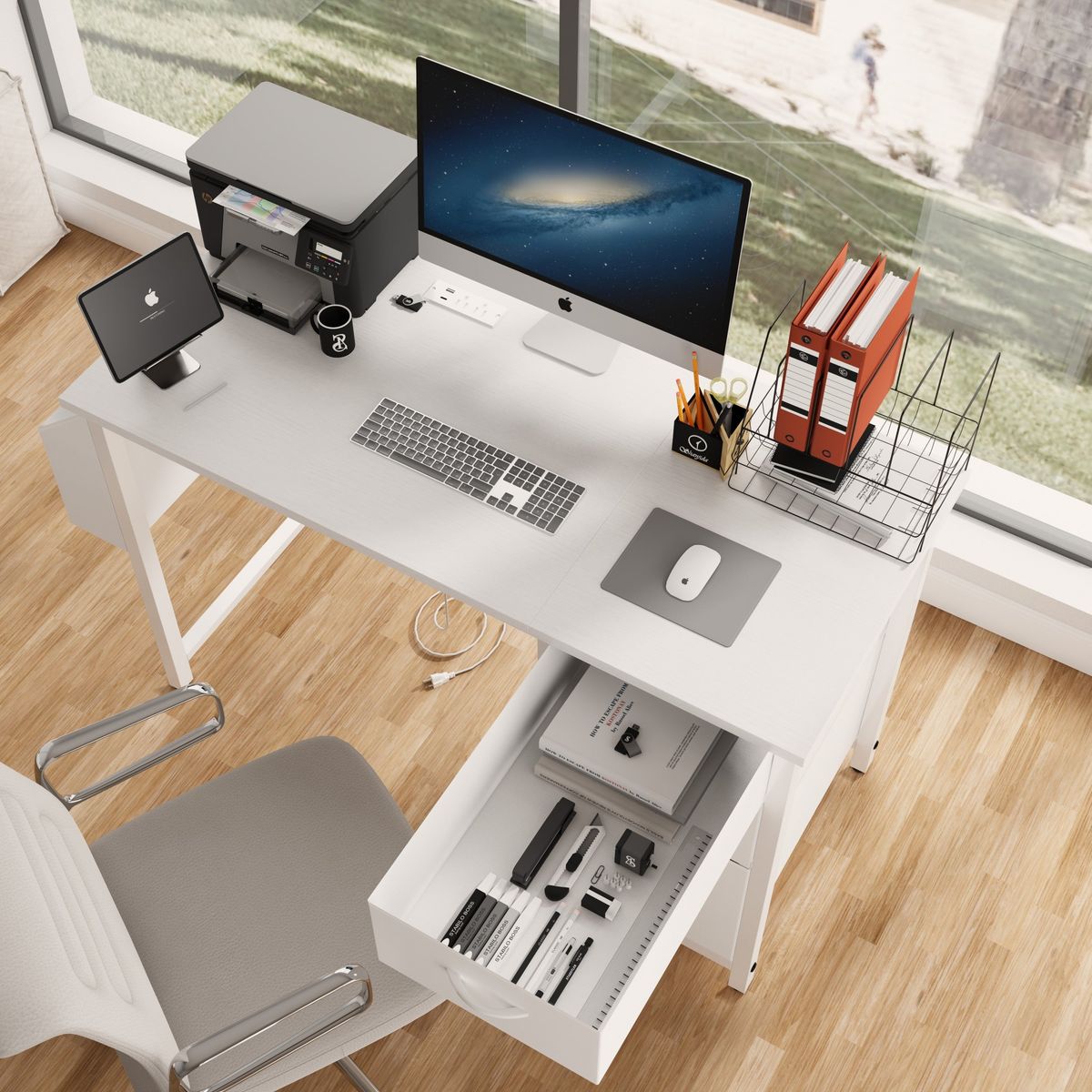 47.3'office desk with power outlet,3 drawers,Side Pocket, Study Desk Easy to Assemble,Frame stability Reversible for home desk, company computer desk, game table,Vanity table, white
