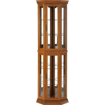 Corner Curio Cabinet with Lights, Adjustable Tempered Glass Shelves, Mirrored Back, Display Cabinet,Oak (E26 light bulb not included)