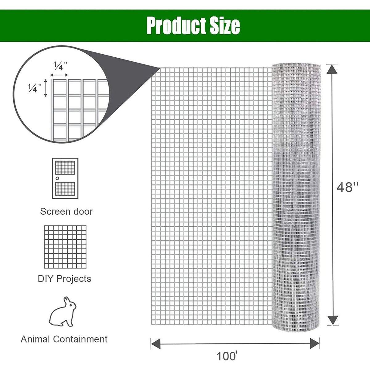 Hardware Cloth 1/4 inch 48in x 100ft 23 Gauge, Hot-dip Galvanized After Welding Chicken Wire Fence Roll Garden Plant Welded Metal Wire Fencing Roll, Rabbit Cages Snake Fence