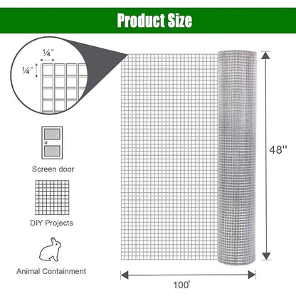 Hardware Cloth 1/4 inch 48in x 100ft 23 Gauge, Hot-dip Galvanized After Welding Chicken Wire Fence Roll Garden Plant Welded Metal Wire Fencing Roll, Rabbit Cages Snake Fence